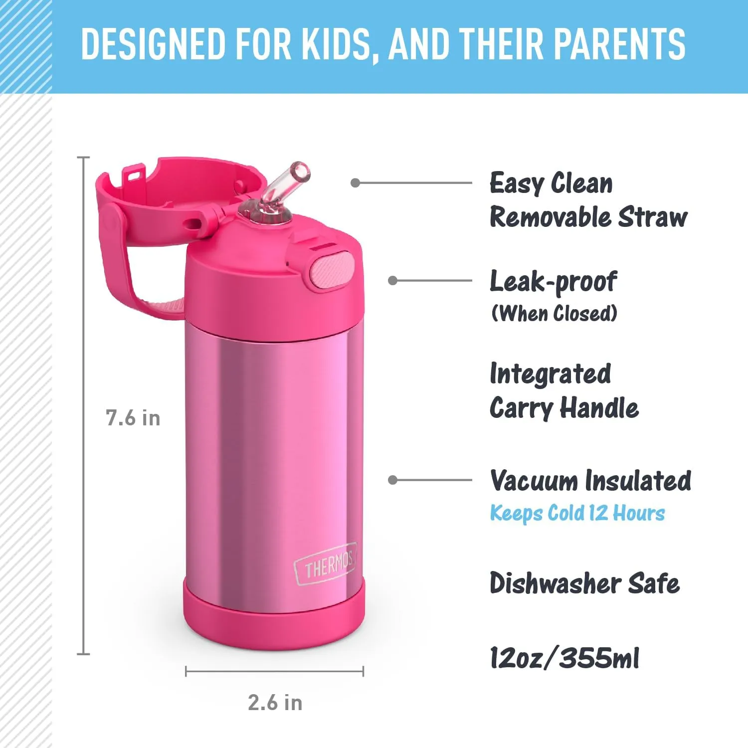 THERMOS FUNTAINER Water Bottle with Straw - 12 Ounce - Kids Stainless Steel Vacuum Insulated Water Bottle with Lid, Pink