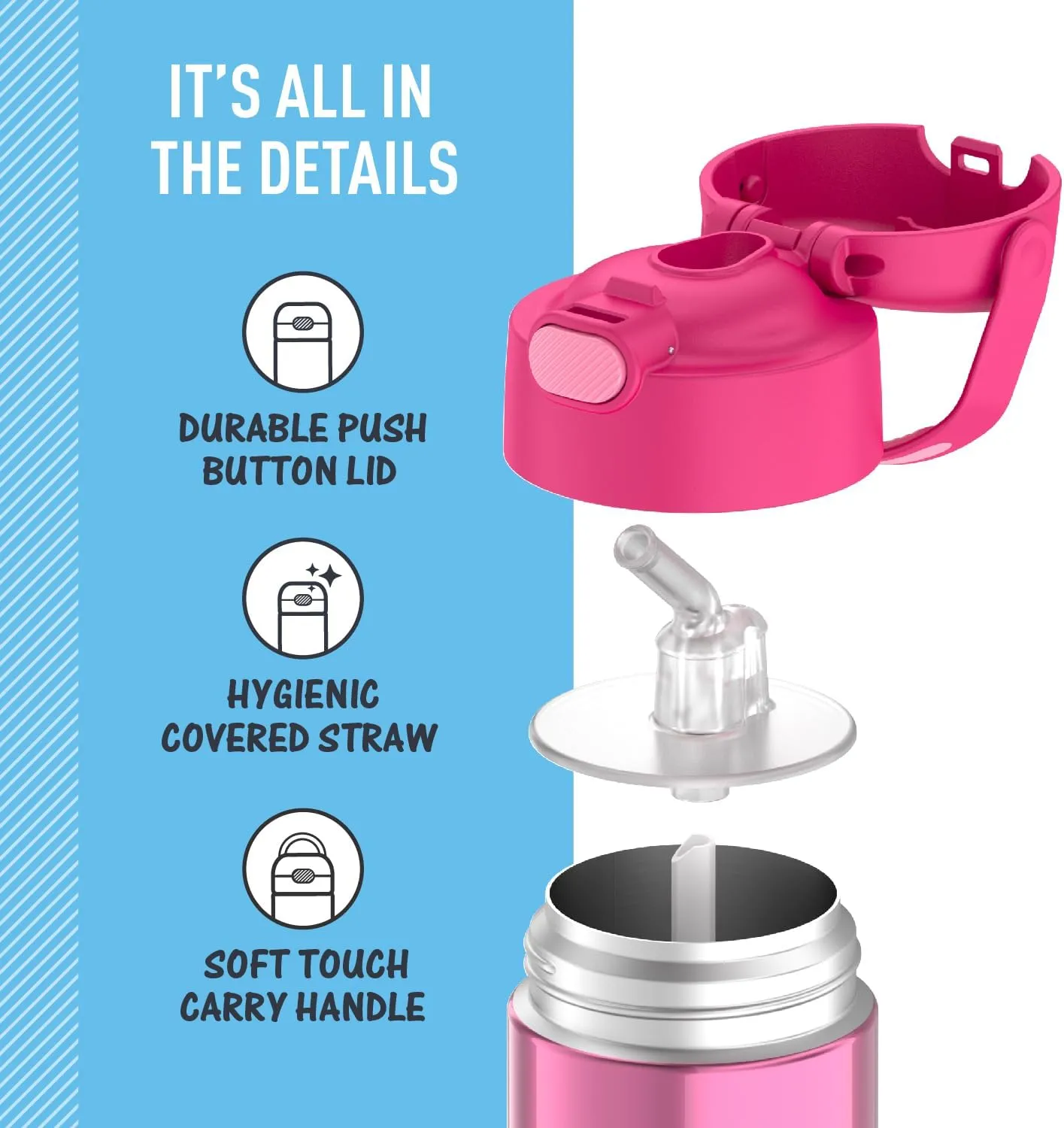THERMOS FUNTAINER Water Bottle with Straw - 12 Ounce - Kids Stainless Steel Vacuum Insulated Water Bottle with Lid, Pink