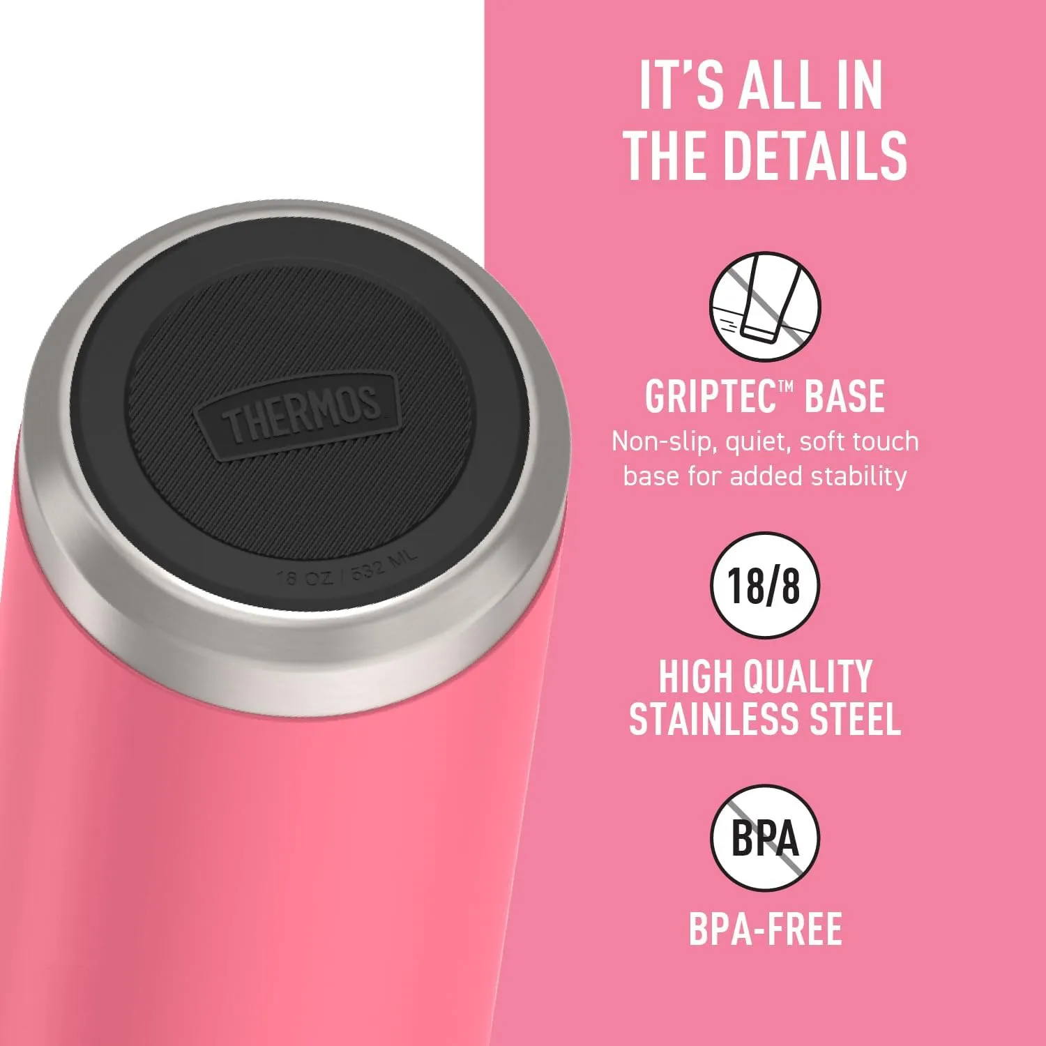 THERMOS ICON SERIES, Insulated Water Bottle with Straw Lid - 18 Ounce, Hot Pink - Stainless Steel Vacuum Insulated Water Bottle with Straw Lid