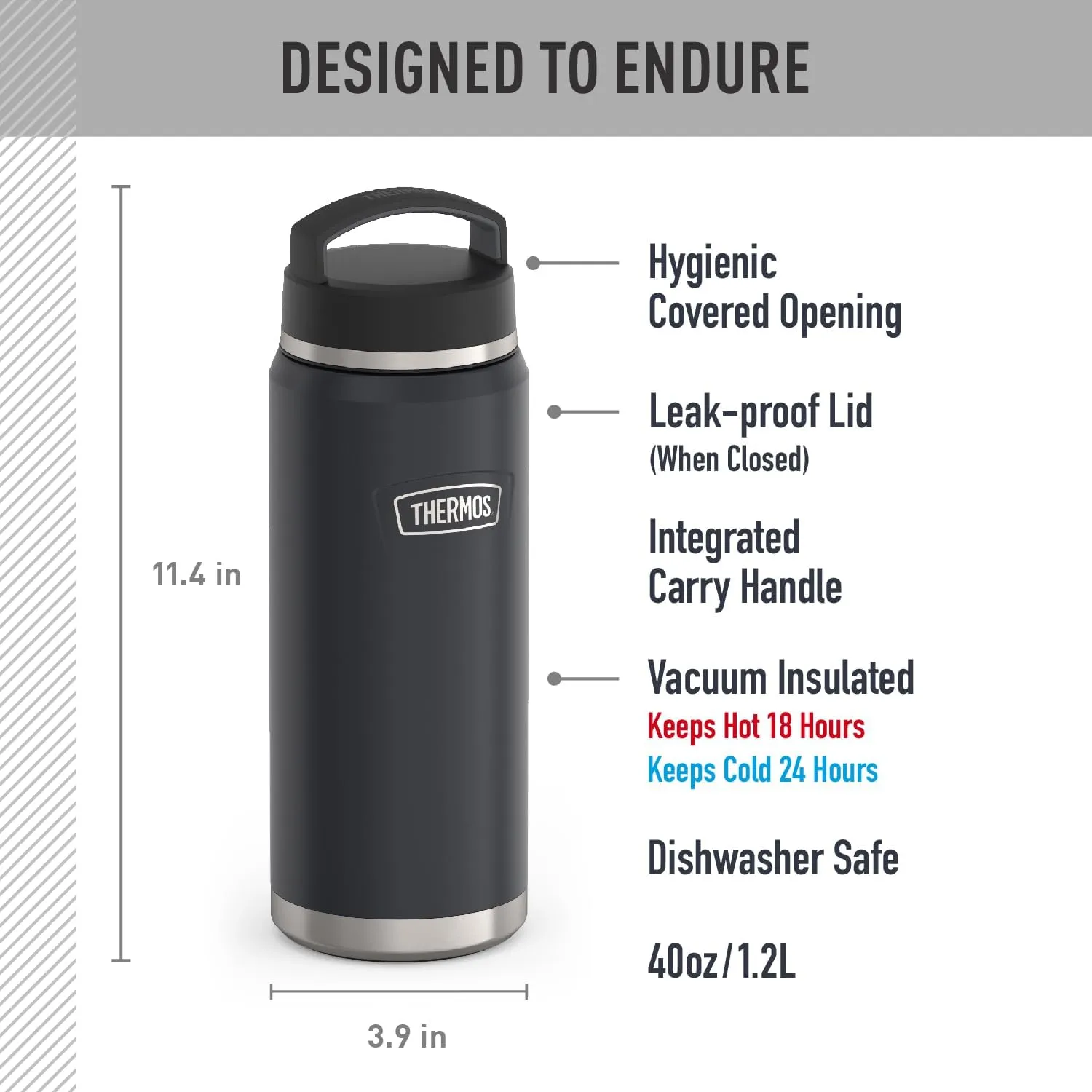 THERMOS ICON SERIES Water Bottle with Screw Top Lid - 40 Ounce, Granite - Stainless Steel Vacuum Insulated Water Bottle with Lid