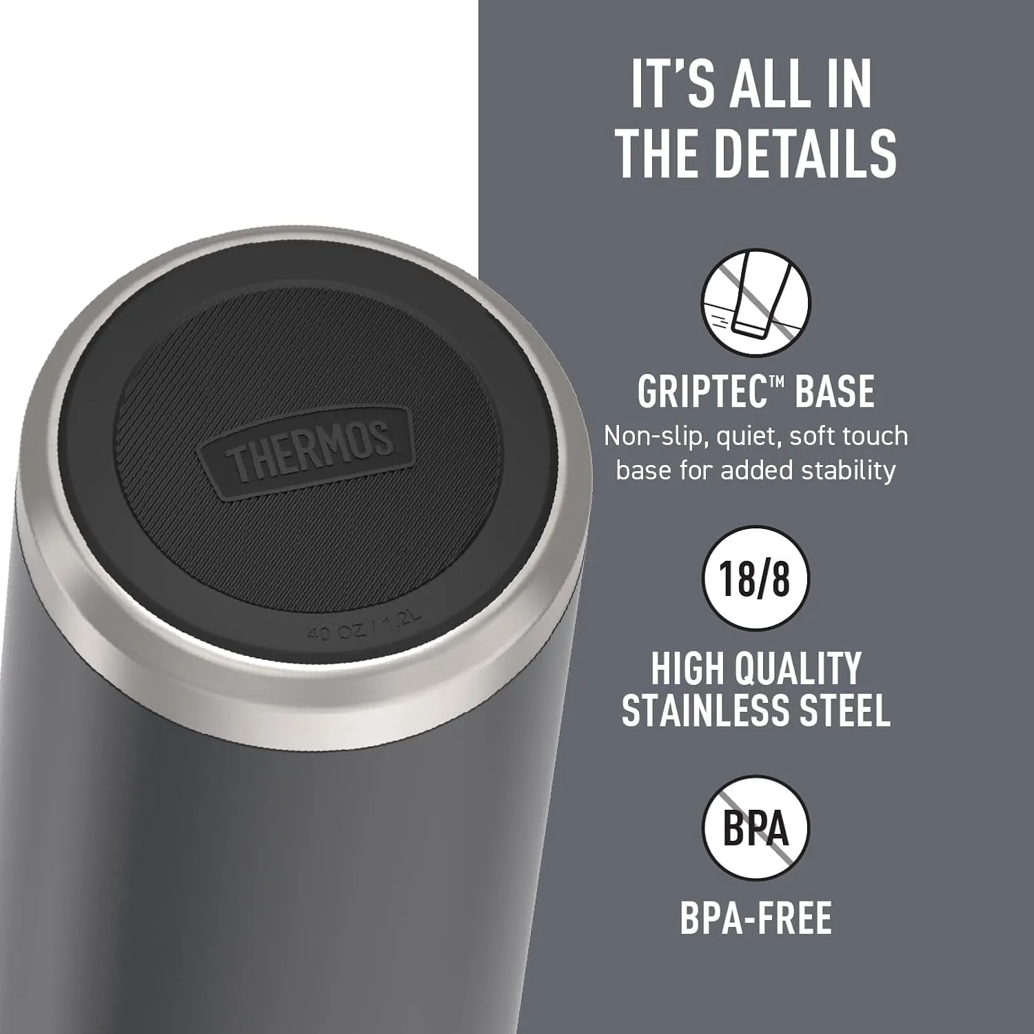 THERMOS ICON SERIES Water Bottle with Screw Top Lid - 40 Ounce, Granite - Stainless Steel Vacuum Insulated Water Bottle with Lid