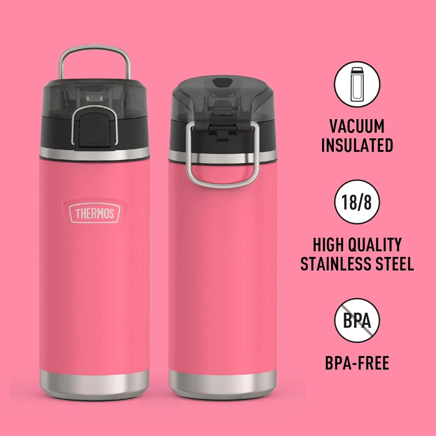 THERMOS ICON SERIES, Water Bottle with Spout - 18 Ounce, Hot Pink - Stainless Steel Vacuum Insulated Water Bottle with Lid