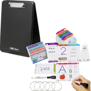 THINK2MASTER Premium 186 Laminated Alphabet, Sight Words, Phonics Flash Cards & Black Plastic Storage Clipboard for PreK & Kindergarten. Learn to Read, Write, Count, add & Subtract Numbers.
