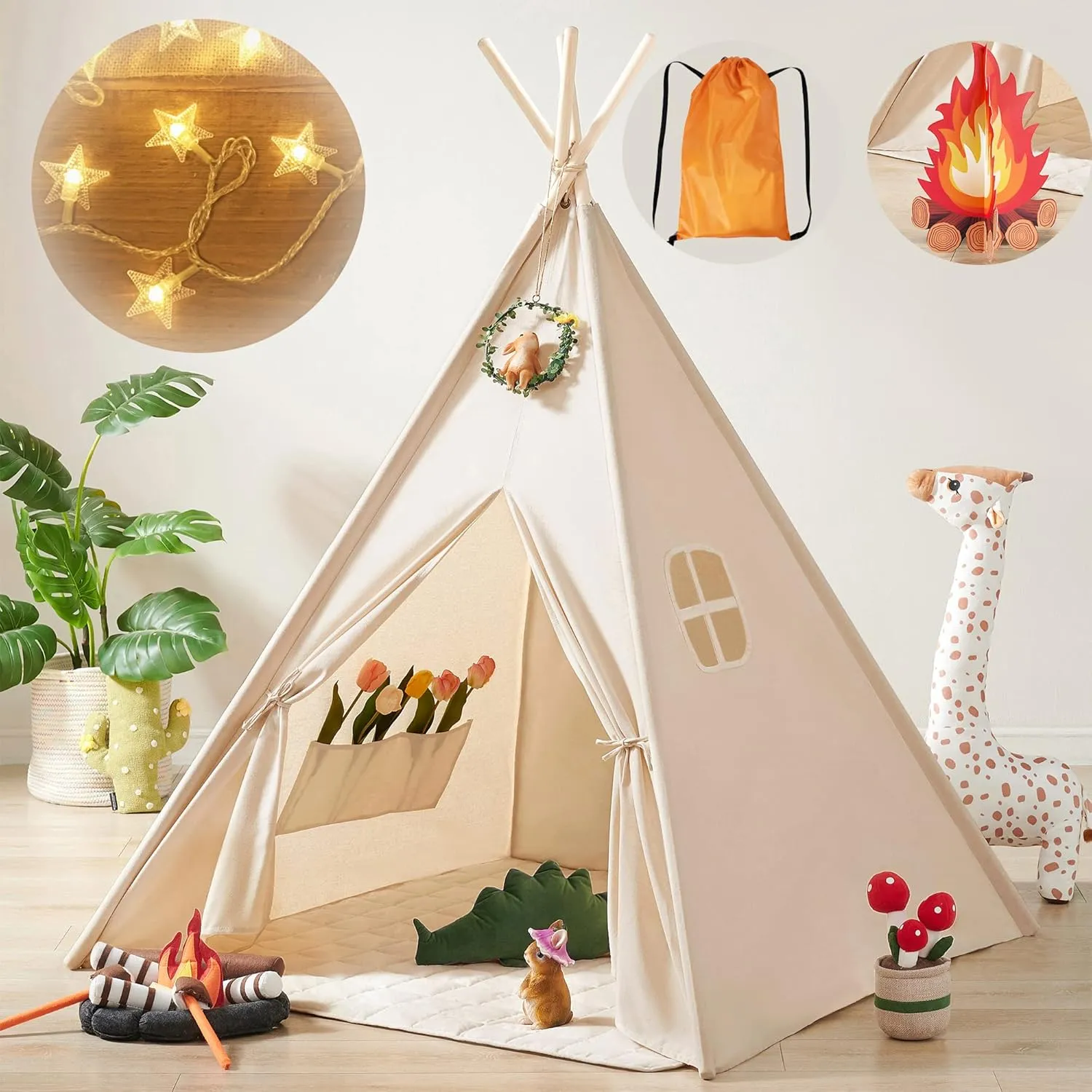 Tiny Land Teepee Tent for Kids, Kids Tent with Star Lights, Kid Play Tents for Girls and Boys, Foldable Toddler Tents, Washable Kid Indoor Tents, Warm Reading Nook & Room Decor