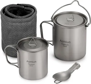 Titanium Camping Cookware with Folding Spork, 750ml Camping Titanium Pot & 450ml Coffee Mug with Foldable Handle & Lid, Portable Outdoor Camping Cookware Set for Backpacking Hiking Cooking