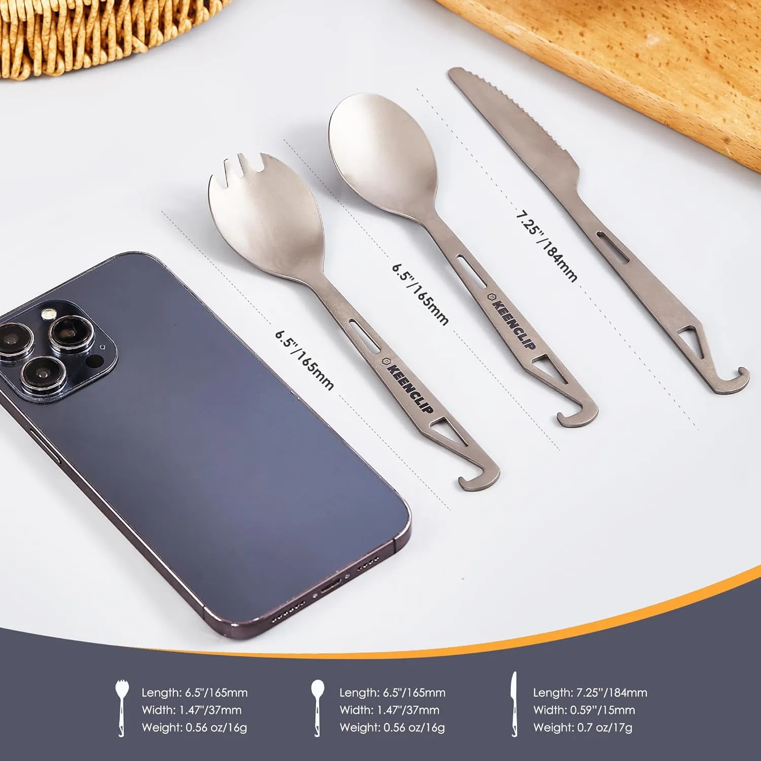 Titanium Knife, Spork and Spoon, 6.46" Long Utility Camping Utensil - Ultralight and Compact for Camping Hiking Backing Traveling and Picnic (Spoon spork knife)