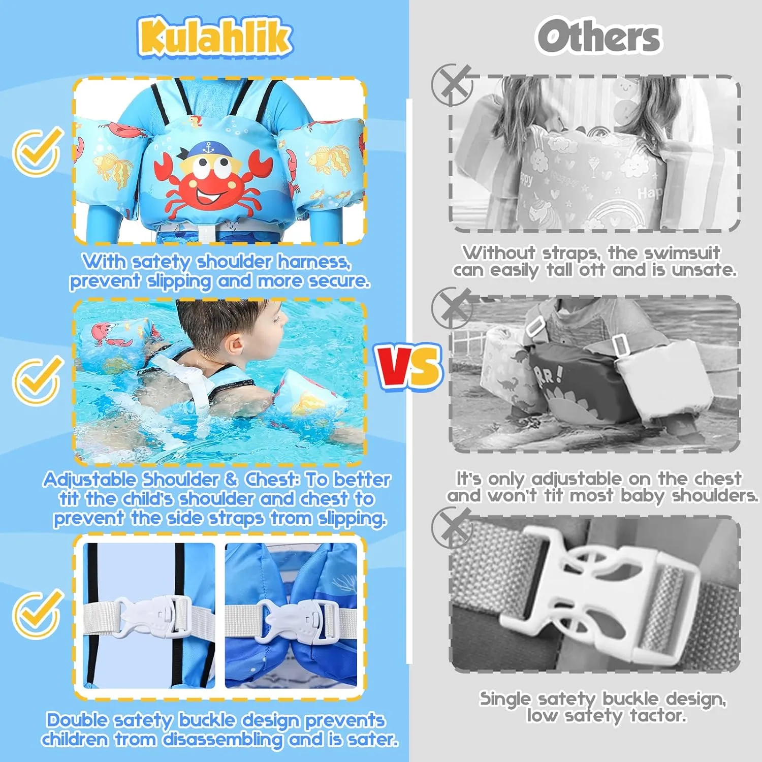 Toddler Swim Vest, Toddler Floaties for 22-66 lbs Boys & Girls, Kids Swim Vest Removable with Crotch Strap & Shoulder Harness Arm Wings for 2 3 4 5 6 7 Years Old Baby Children Sea Beach Pool