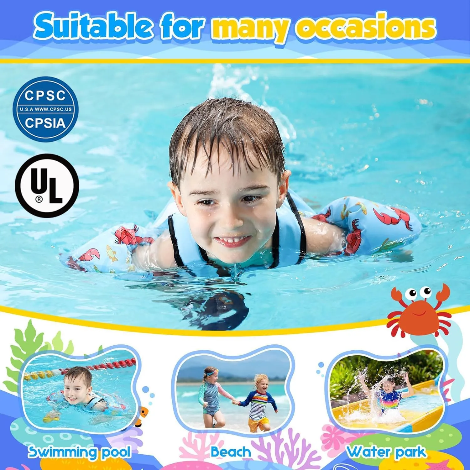 Toddler Swim Vest, Toddler Floaties for 22-66 lbs Boys & Girls, Kids Swim Vest Removable with Crotch Strap & Shoulder Harness Arm Wings for 2 3 4 5 6 7 Years Old Baby Children Sea Beach Pool