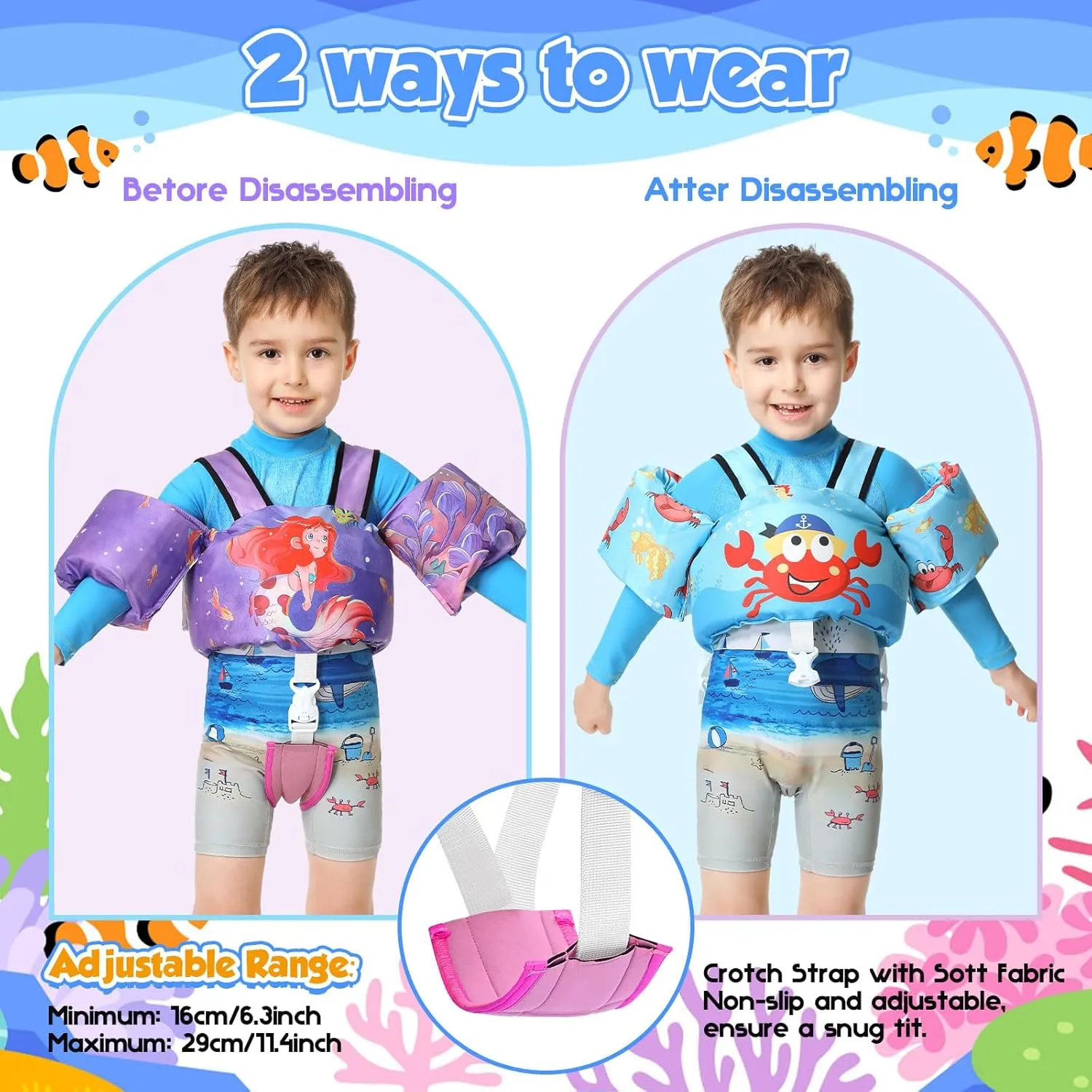 Toddler Swim Vest, Toddler Floaties for 22-66 lbs Boys & Girls, Kids Swim Vest Removable with Crotch Strap & Shoulder Harness Arm Wings for 2 3 4 5 6 7 Years Old Baby Children Sea Beach Pool