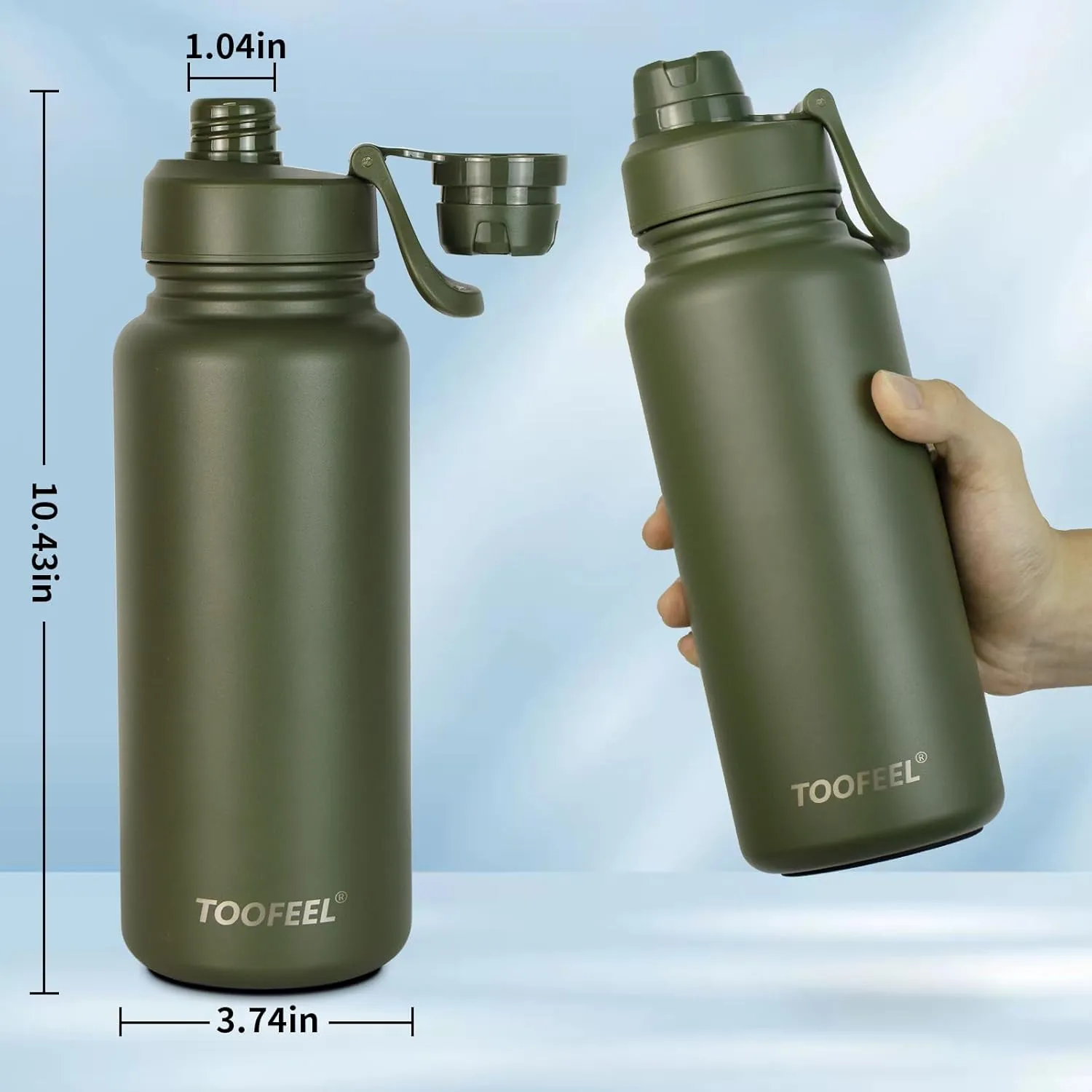 Toofeel Insulated Water Bottle 32 oz - Stainless Steel Vacuum Flask with Double Layer PP Chug Lid, Leak & Sweat Proof Cold Water Bottle, Wide Mouth Thermal Cups for Hot and Cold Drinks Army Green