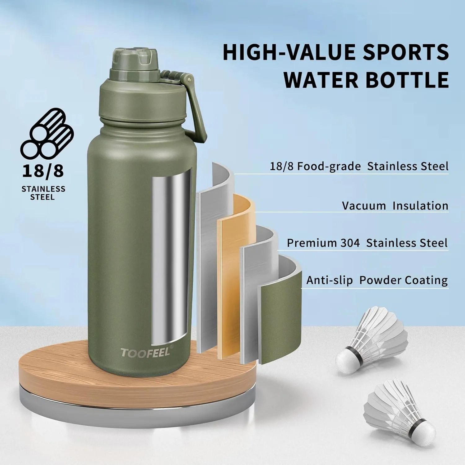 Toofeel Insulated Water Bottle 32 oz - Stainless Steel Vacuum Flask with Double Layer PP Chug Lid, Leak & Sweat Proof Cold Water Bottle, Wide Mouth Thermal Cups for Hot and Cold Drinks Army Green