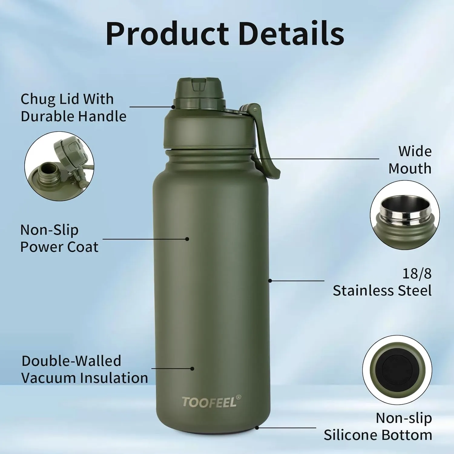 Toofeel Insulated Water Bottle 32 oz - Stainless Steel Vacuum Flask with Double Layer PP Chug Lid, Leak & Sweat Proof Cold Water Bottle, Wide Mouth Thermal Cups for Hot and Cold Drinks Army Green