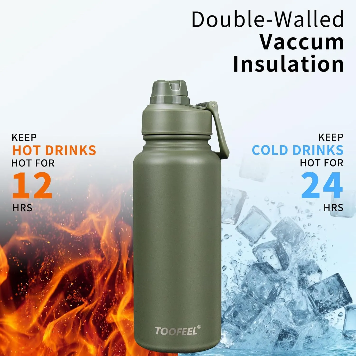Toofeel Insulated Water Bottle 32 oz - Stainless Steel Vacuum Flask with Double Layer PP Chug Lid, Leak & Sweat Proof Cold Water Bottle, Wide Mouth Thermal Cups for Hot and Cold Drinks Army Green