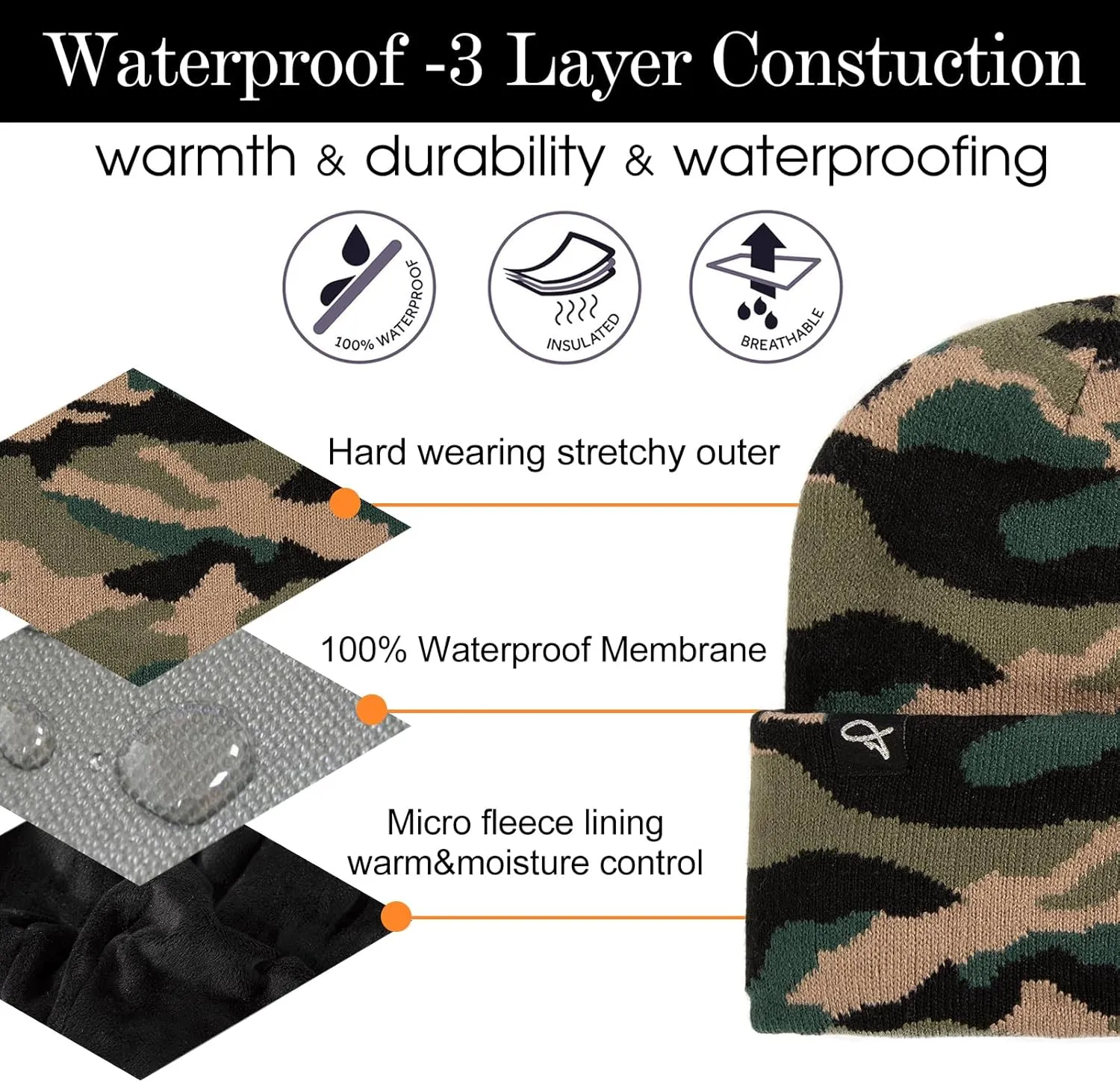TOP-EX Oversized L/XL/XXL Waterproof Beanie Fleece Lined Hat for All-Weather Winter Warm Men Women Unisex