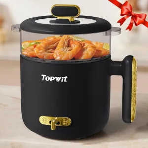 Topwit Hot Pot Electric with Steamer, 1.8L Ramen Cooker, Portable Electric Pot for Cooking, Multifunctional Cooker for Steak, Egg, Soup, Noodle with Power Adjustment, Dorm Room Essential, Black