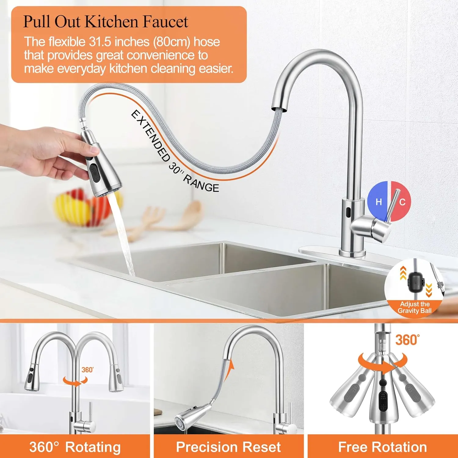 Touchless Kitchen Faucet with Soap Dispenser, Homikit Brushed Nickel Single Handle Stainless Steel Activated Smart Hands Free Faucets with Pull Down Sprayer for Farmhouse RV Kitchen Sink