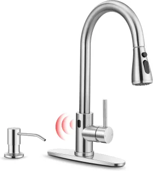 Touchless Kitchen Faucet with Soap Dispenser, Homikit Brushed Nickel Single Handle Stainless Steel Activated Smart Hands Free Faucets with Pull Down Sprayer for Farmhouse RV Kitchen Sink