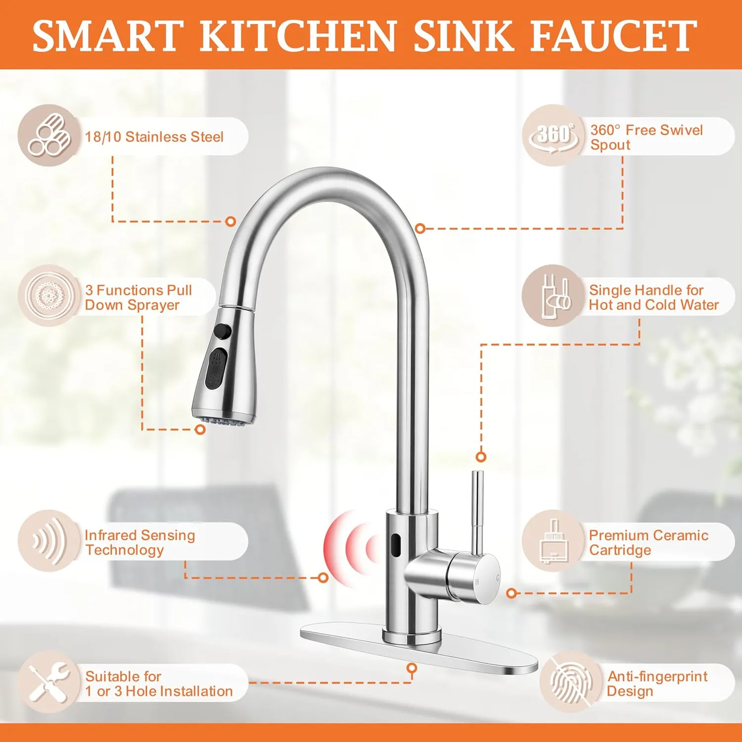 Touchless Kitchen Faucet with Soap Dispenser, Homikit Brushed Nickel Single Handle Stainless Steel Activated Smart Hands Free Faucets with Pull Down Sprayer for Farmhouse RV Kitchen Sink