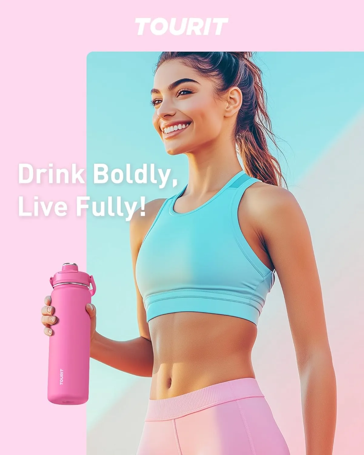 TOURIT 24 oz Insulated Water Bottle, Stainless Steel Sports Water Bottles With Top Handle, Double-Wall Travel Thermal Water Flask, BPA Free Leakproof Thermos Bottle for Sports and Travel,Roes Pink