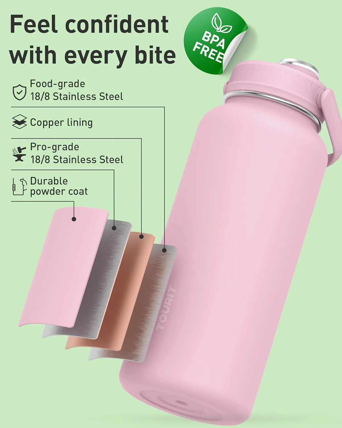 TOURIT 24 oz Insulated Water Bottle, Stainless Steel Sports Water Bottles With Top Handle, Double-Wall Travel Thermal Water Flask, BPA Free Leakproof Thermos Bottle for Sports and Travel,Roes Pink