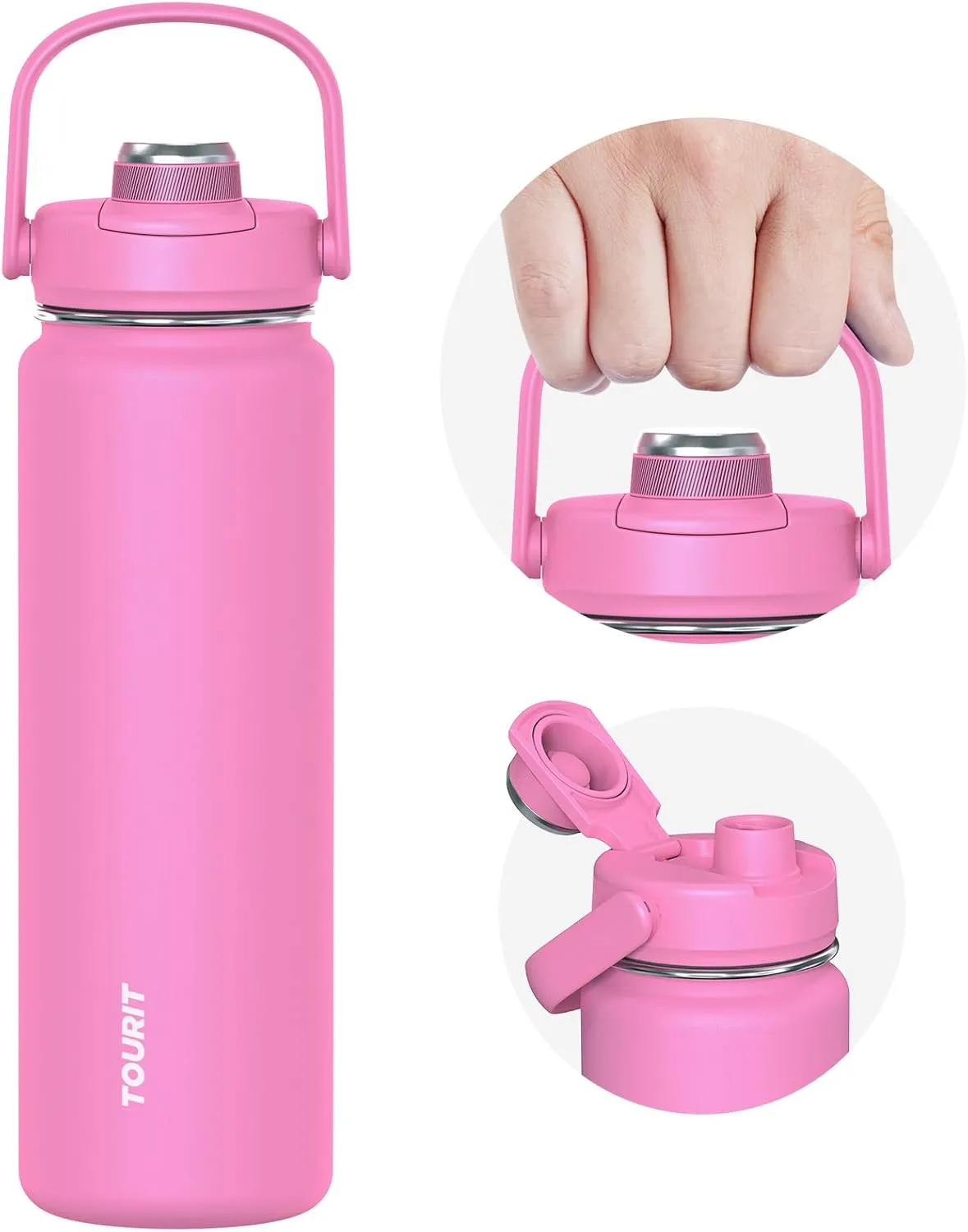 TOURIT 24 oz Insulated Water Bottle, Stainless Steel Sports Water Bottles With Top Handle, Double-Wall Travel Thermal Water Flask, BPA Free Leakproof Thermos Bottle for Sports and Travel,Roes Pink