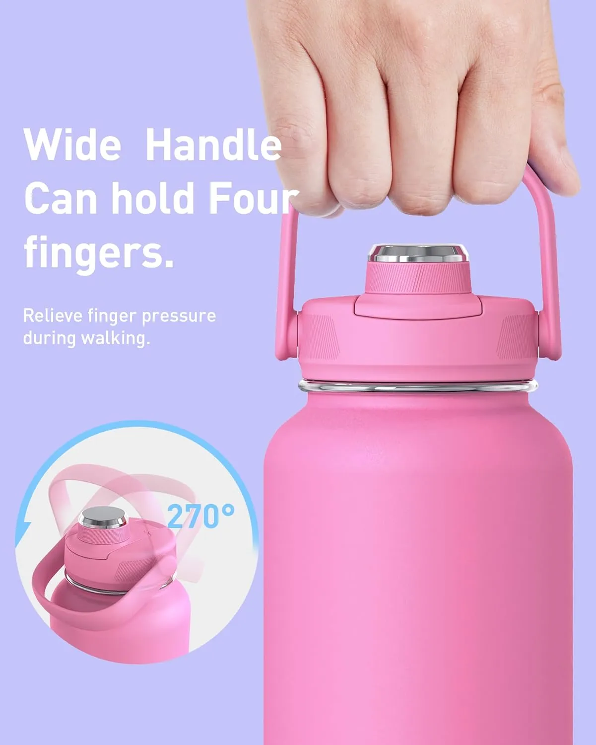 TOURIT 24 oz Insulated Water Bottle, Stainless Steel Sports Water Bottles With Top Handle, Double-Wall Travel Thermal Water Flask, BPA Free Leakproof Thermos Bottle for Sports and Travel,Roes Pink