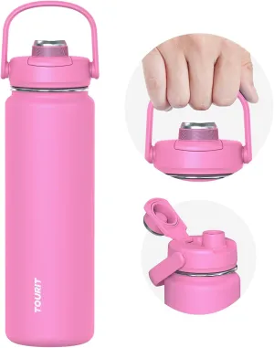 TOURIT 24 oz Insulated Water Bottle, Stainless Steel Sports Water Bottles With Top Handle, Double-Wall Travel Thermal Water Flask, BPA Free Leakproof Thermos Bottle for Sports and Travel,Roes Pink
