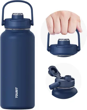 TOURIT 32 oz Insulated Water Bottle, Stainless Steel Sports Water Bottles With Top Handle, Double-Wall Travel Thermal Water Flask, BPA Free Leakproof Thermos Bottle for Sports and Travel, Navy Blue