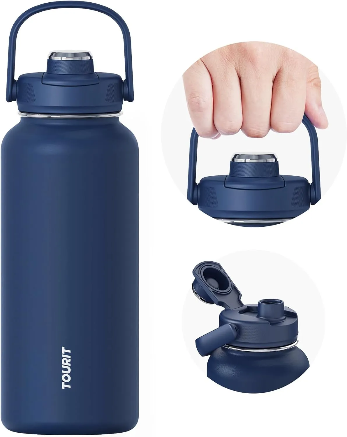 TOURIT 32 oz Insulated Water Bottle, Stainless Steel Sports Water Bottles With Top Handle, Double-Wall Travel Thermal Water Flask, BPA Free Leakproof Thermos Bottle for Sports and Travel, Navy Blue
