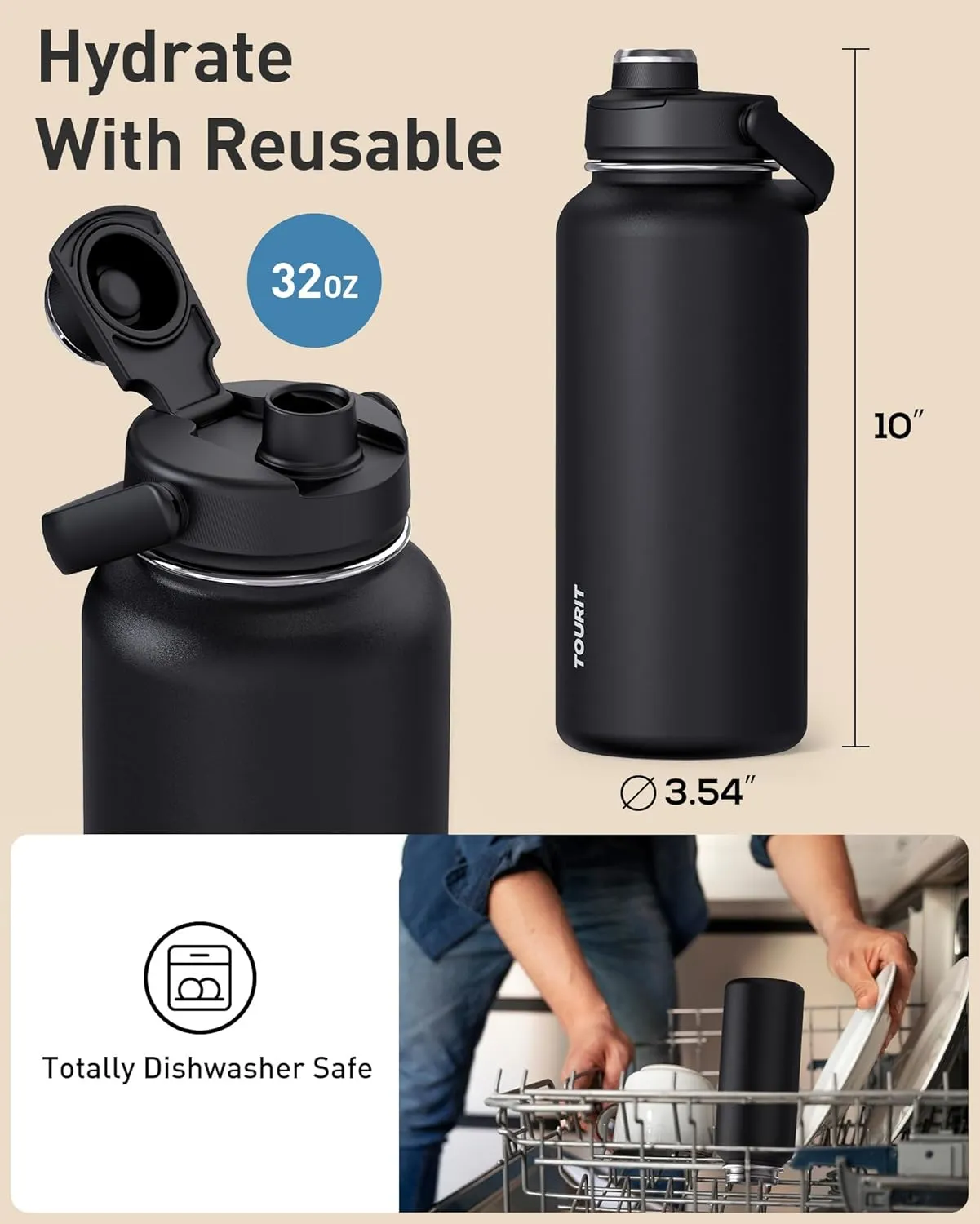 TOURIT 32 oz Insulated Water Bottle, Stainless Steel Sports Water Bottles With Top Handle, Double-Wall Travel Thermal Water Flask, BPA Free Leakproof Thermos Bottle for Sports and Travel, Navy Blue