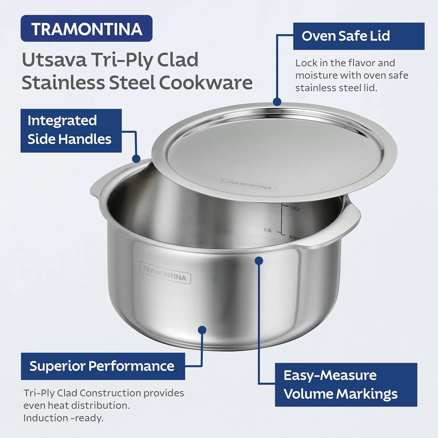 Tramontina Utsava 3.4-Quart Tri-Ply Clad Stainless Steel Tope with Lid, Patila Pot for Indian Cooking