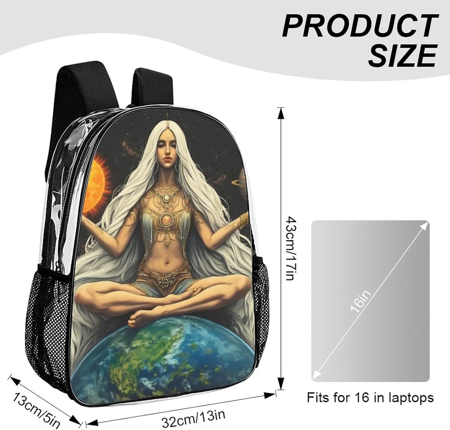 Transparent Daypack Backpack for Climbing Outdoors Running - Big Capacity Multipurpose Anti-Theft Bookbag, African Magic Space Earth Power Woman Abstract Painting Travel Hiking & Camping Rucksack