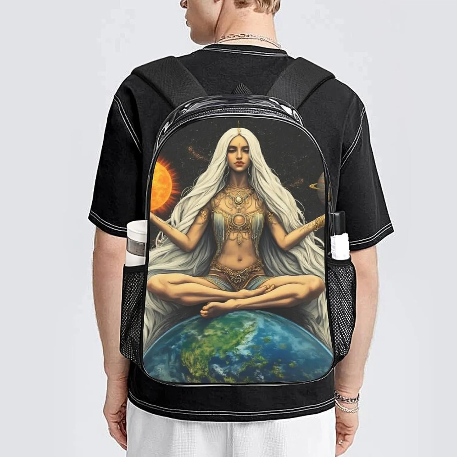 Transparent Daypack Backpack for Climbing Outdoors Running - Big Capacity Multipurpose Anti-Theft Bookbag, African Magic Space Earth Power Woman Abstract Painting Travel Hiking & Camping Rucksack