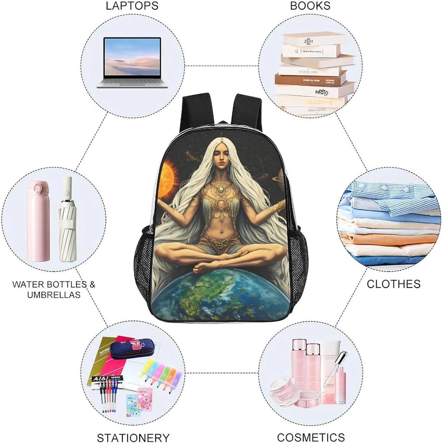 Transparent Daypack Backpack for Climbing Outdoors Running - Big Capacity Multipurpose Anti-Theft Bookbag, African Magic Space Earth Power Woman Abstract Painting Travel Hiking & Camping Rucksack