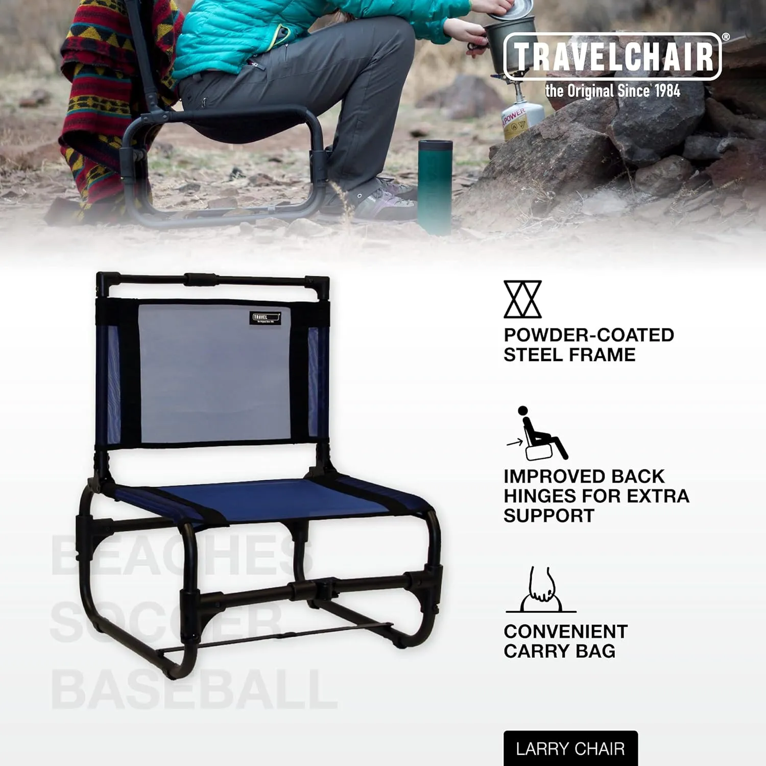 Travel Chair Larry Chair Low Seating, Portable Chair for Outdoor Adventures, Quick Drying Mesh Fabric, Folding Chair with Carry Bag (Blue)