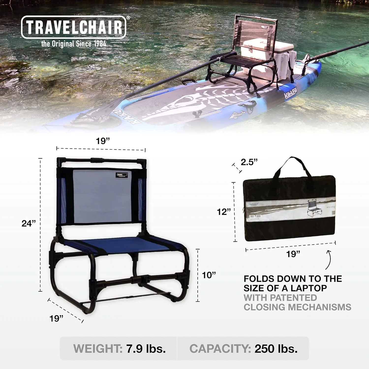 Travel Chair Larry Chair Low Seating, Portable Chair for Outdoor Adventures, Quick Drying Mesh Fabric, Folding Chair with Carry Bag (Blue)