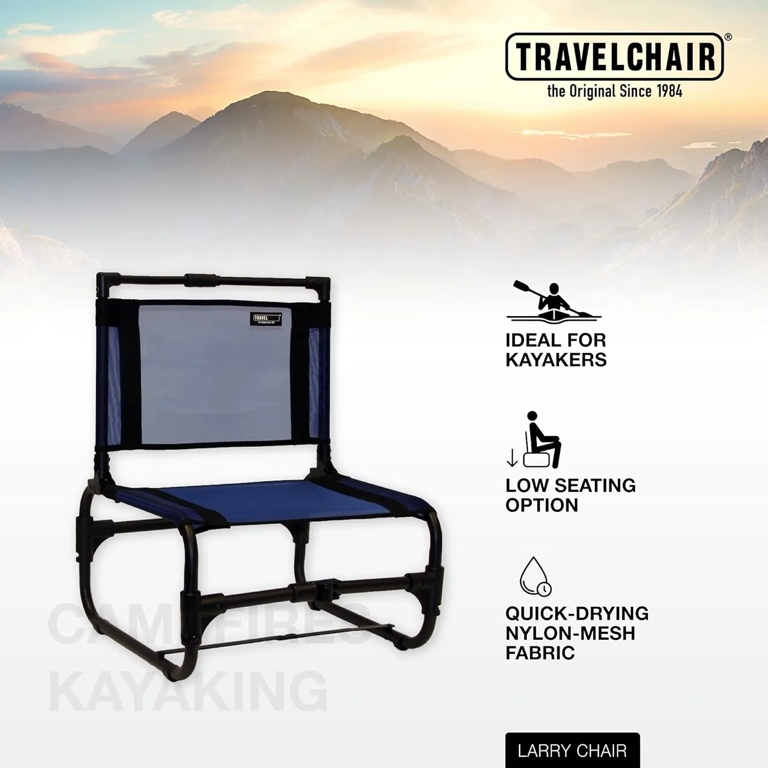 Travel Chair Larry Chair Low Seating, Portable Chair for Outdoor Adventures, Quick Drying Mesh Fabric, Folding Chair with Carry Bag (Blue)