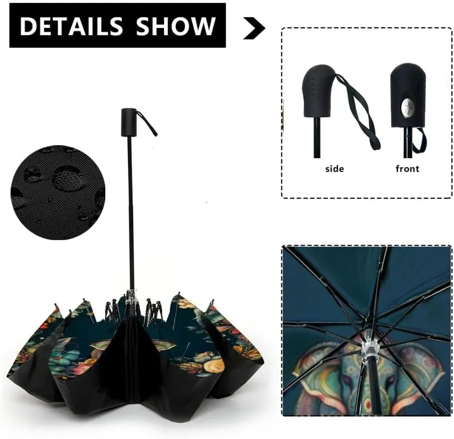 Travel Umbrella for Rain Windproof fishes cartoon design Automatic Cute Portable Compact Umbrella for Women Purse Backpack Car Black Sun UV Protection