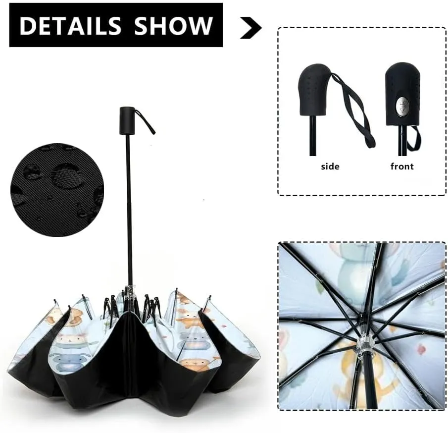 Travel Umbrella for Rain Windproof fishes cartoon design Automatic Cute Portable Compact Umbrella for Women Purse Backpack Car Black Sun UV Protection