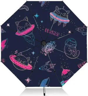 Travel Umbrella for Rain Windproof Fun cat astronaut space cartoon charters Editable Automatic Cute Portable Compact Umbrella for Women Purse Backpack Car Black Sun UV Protection, Mulit8