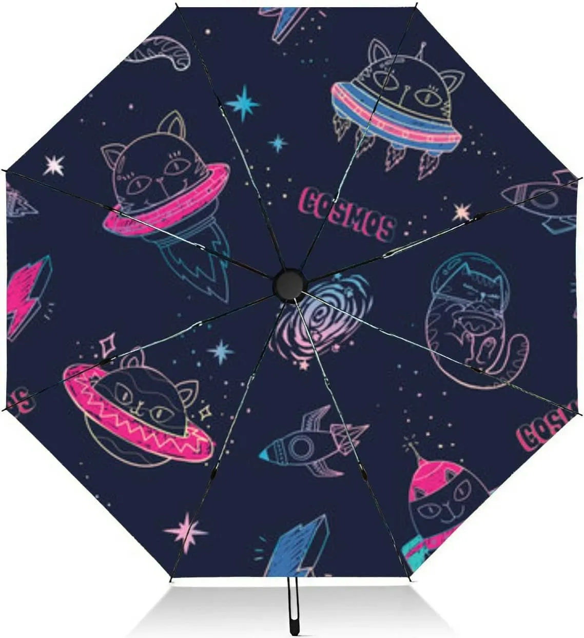 Travel Umbrella for Rain Windproof Fun cat astronaut space cartoon charters Editable Automatic Cute Portable Compact Umbrella for Women Purse Backpack Car Black Sun UV Protection, Mulit8