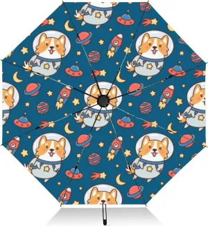 Travel Umbrella for Rain Windproof Surface Welsh dog flying weightlessness Funny dog astronaut Automatic Cute Portable Compact Umbrella for Women Purse Backpack Car Black Sun UV Protection