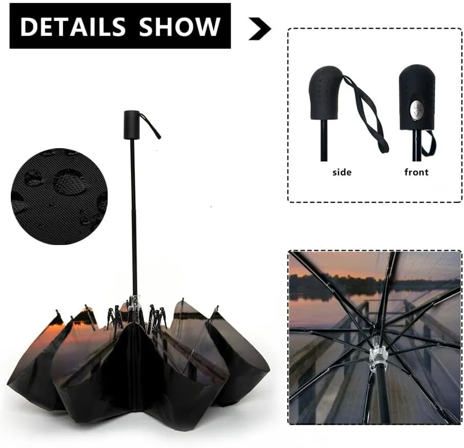 Travel Umbrella for Rain Windproof This is a picture a beautiful sunrise near the seashore Automatic Cute Portable Compact Umbrella for Women Purse Backpack Car Black Sun UV Protection