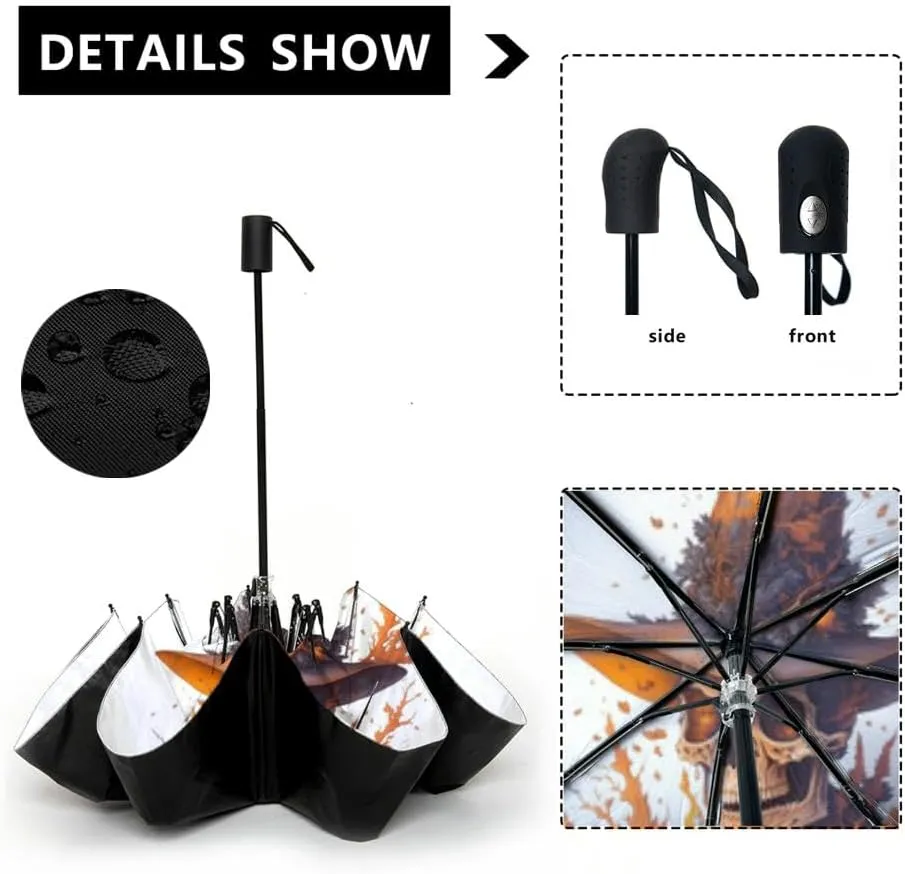 Travel Umbrella for Rain Windproof Watercolor halloween Dead skull hat Automatic Cute Portable Compact Umbrella for Women Purse Backpack Car Black Sun UV Protection