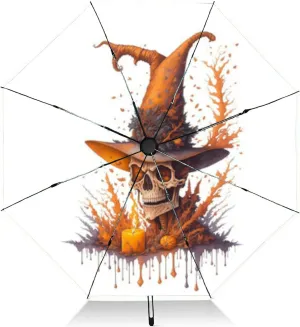 Travel Umbrella for Rain Windproof Watercolor halloween Dead skull hat Automatic Cute Portable Compact Umbrella for Women Purse Backpack Car Black Sun UV Protection