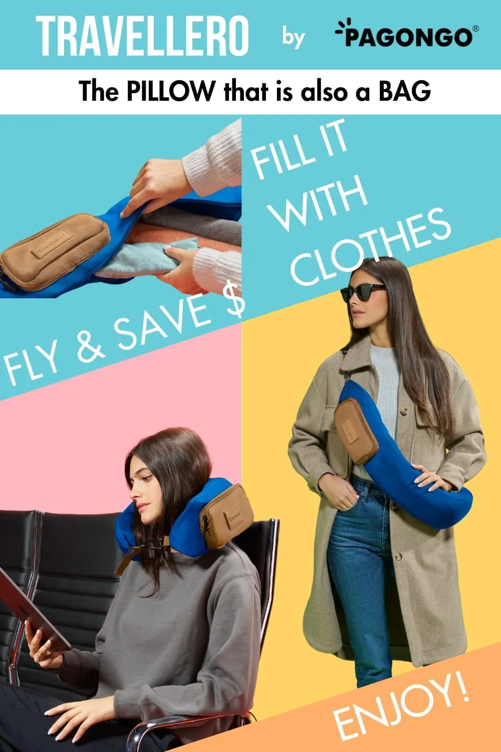 TRAVELLERO Stuffable Neck Pillow for Travel, Secret Pillow, Fits 5 Days Essentials, Neck Pillow Case, Pillow Travel Bag, Packable Pillow, Stuffable Travel Pillow, Neck Pillow Cover, Blue & Brown