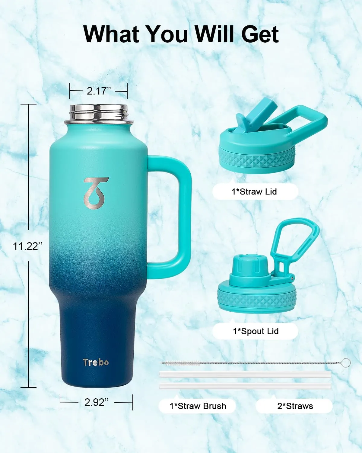Trebo 40 oz Water Bottle Insulated Fit Car Cup Holder with Handle, Stainless Steel Retro Bottles Tumbler with Straw Lids, Vacuum Double Wall,Keep 24hrs Cold,Leakproof Reusable Travel Flask