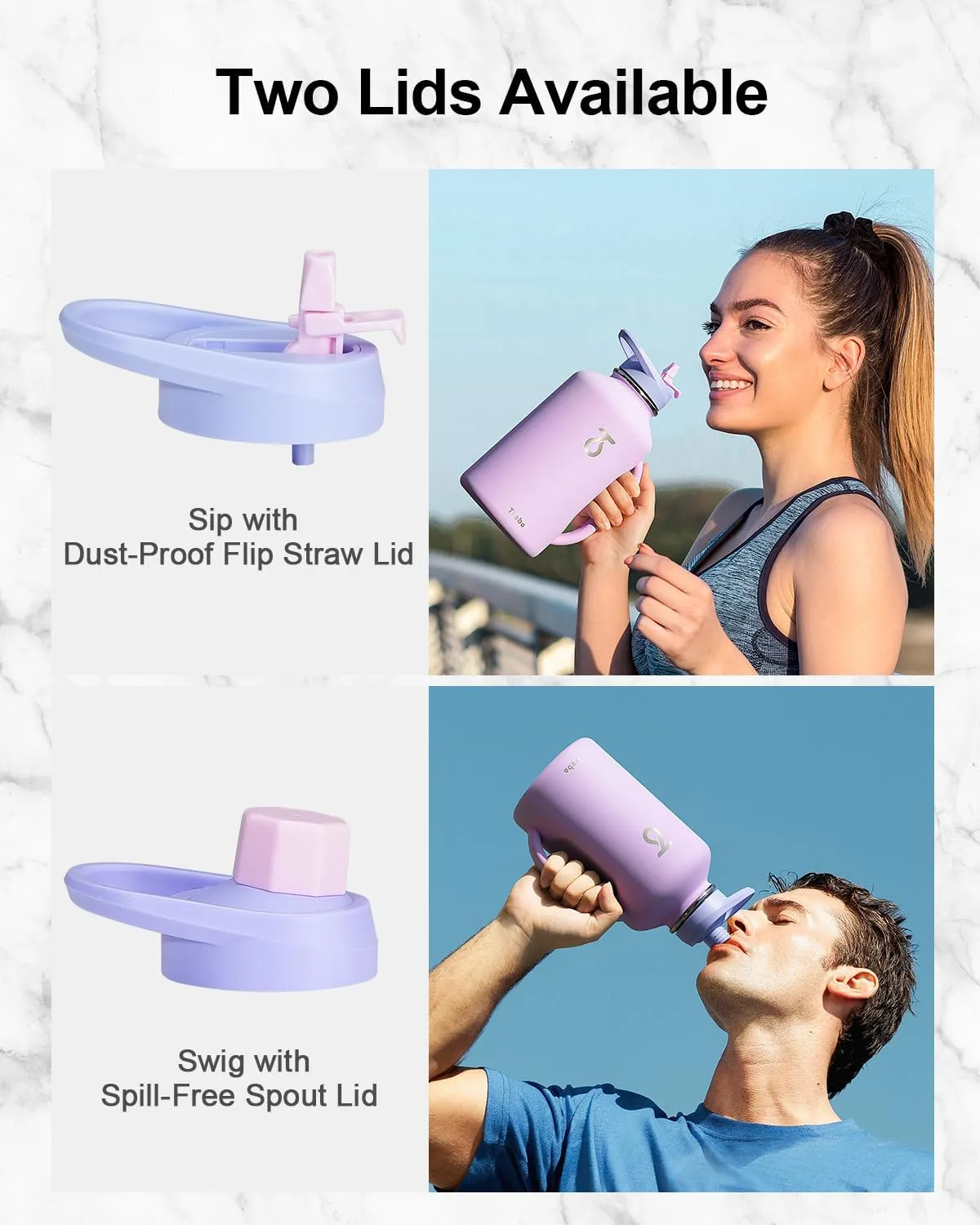 Trebo 64 oz Water Bottle Insulated with Handle, Leakproof Half Gallon Vacuum Stainless Steel Large Water Jug (Keep Cold for 48hrs),Gym Water Bottles Flask For Women with Straw Spout Lids Strap,Purple