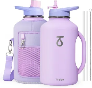 Trebo 64 oz Water Bottle Insulated with Handle, Leakproof Half Gallon Vacuum Stainless Steel Large Water Jug (Keep Cold for 48hrs),Gym Water Bottles Flask For Women with Straw Spout Lids Strap,Purple