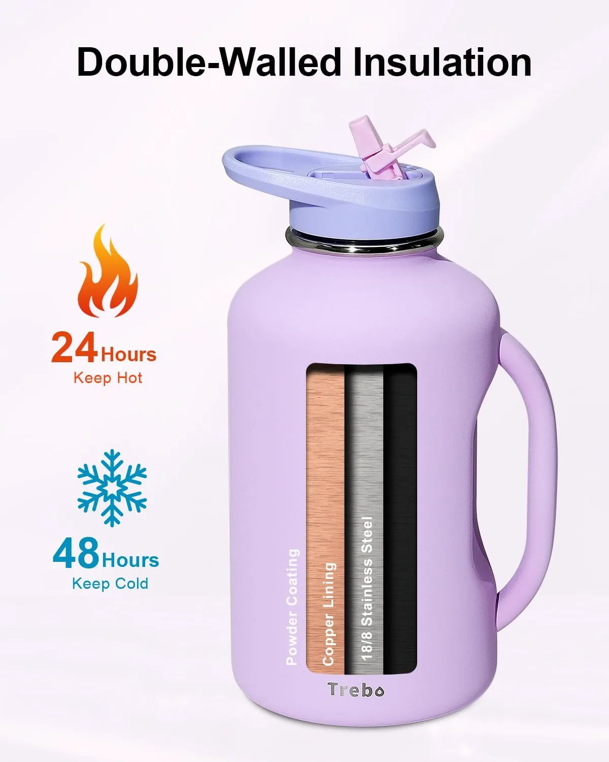 Trebo 64 oz Water Bottle Insulated with Handle, Leakproof Half Gallon Vacuum Stainless Steel Large Water Jug (Keep Cold for 48hrs),Gym Water Bottles Flask For Women with Straw Spout Lids Strap,Purple